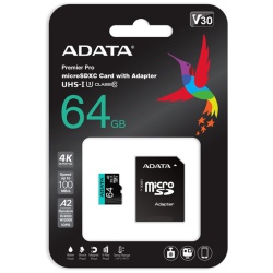 ADATA MicroSD kártya - 64GB microSDXC UHS-I U3 Class10 A2 V30S (R/W: 100/80 MB/s) + adapter